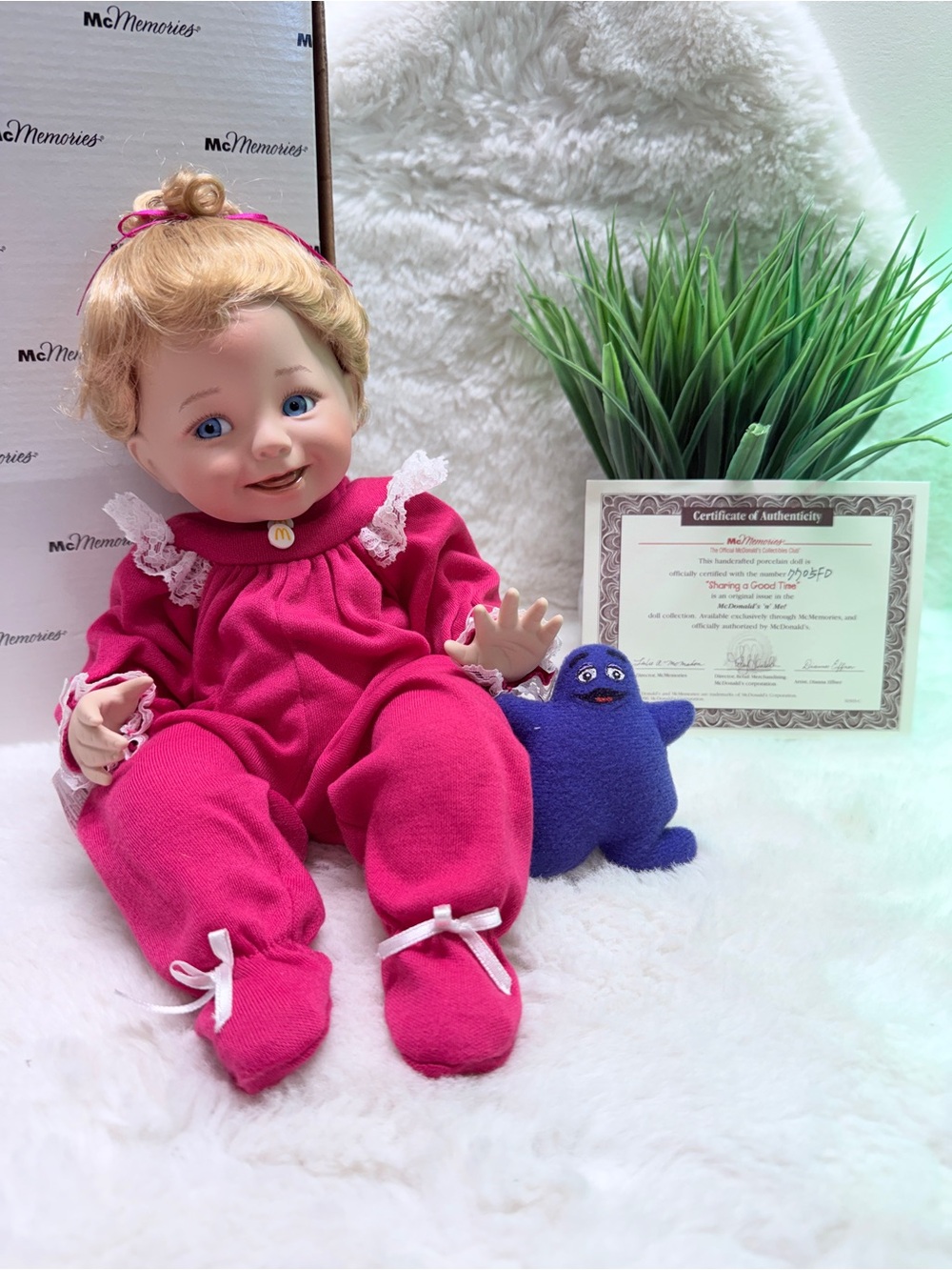 NIB Mac Memories Porcelain Ashton Drake Doll in Bright Pink w/ Grimace Plush 💝